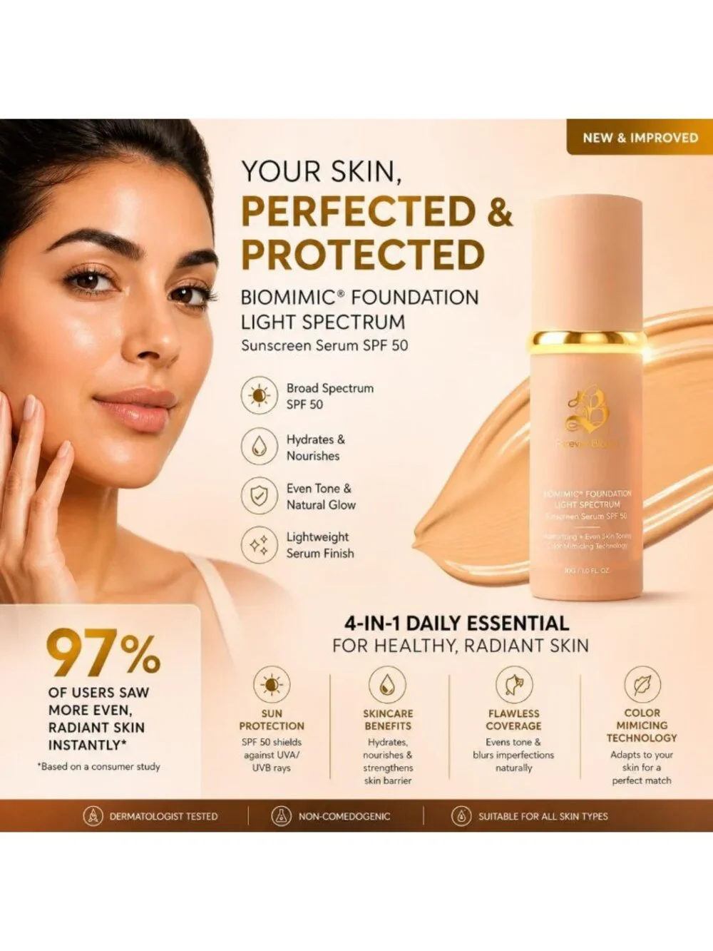 Lightweight Bio Mimic Foundation SPF 50 - Hydrating, Concealing, Anti-Aging for